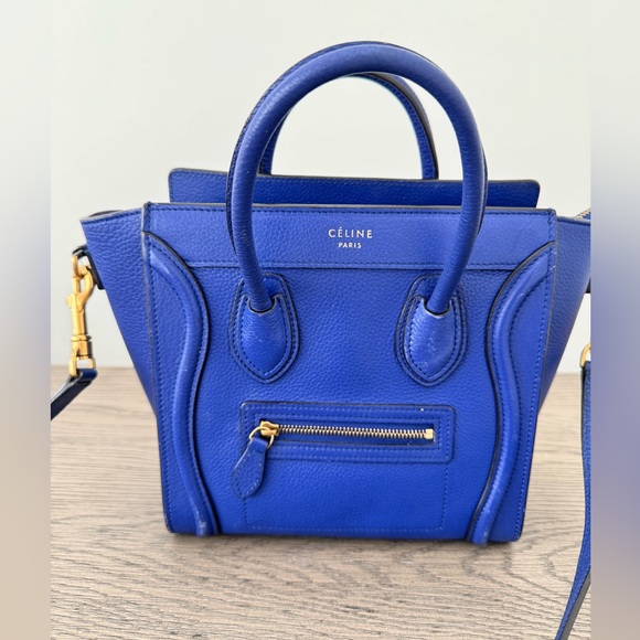 Celine Nano Luggage Bag - Blue Drummed Leather with Crossbody Strap - Picture 2 of 8